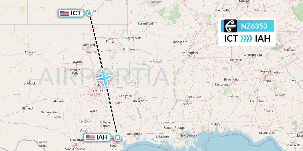 NZ6353 Air New Zealand Flight Map: Wichita to Houston