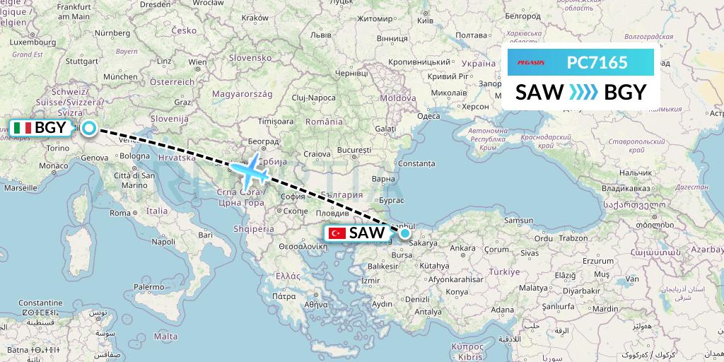 PC7165 Pegasus Airlines Flight Map: Istanbul to Milan