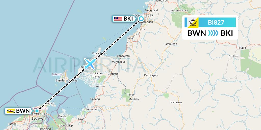 BI827 Royal Brunei Airlines Flight Map: Brunei to Kota Kinabalu