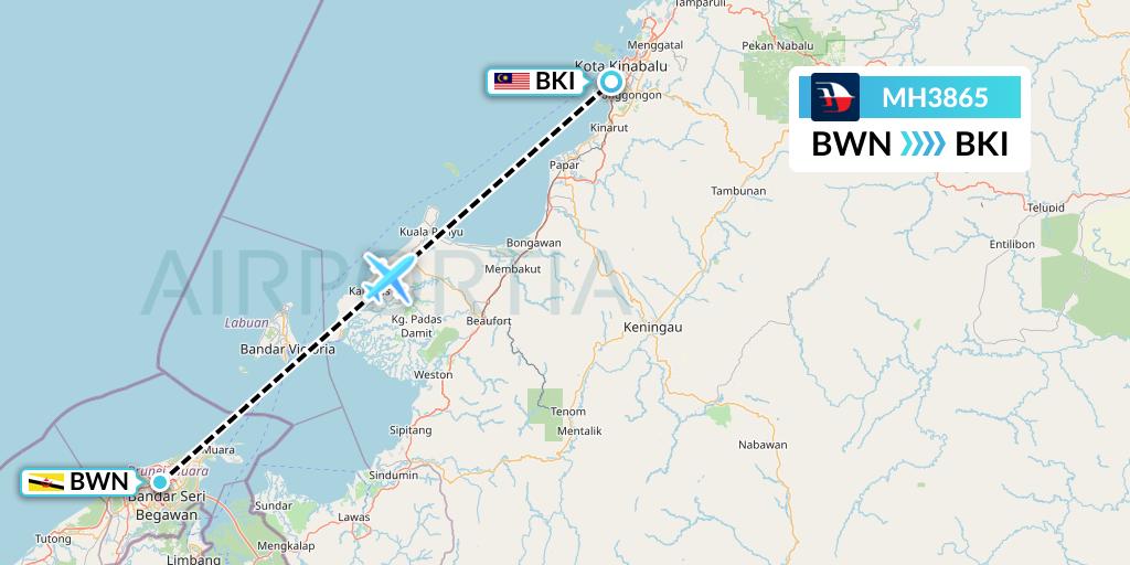 MH3865 Malaysia Airlines Flight Map: Brunei to Kota Kinabalu