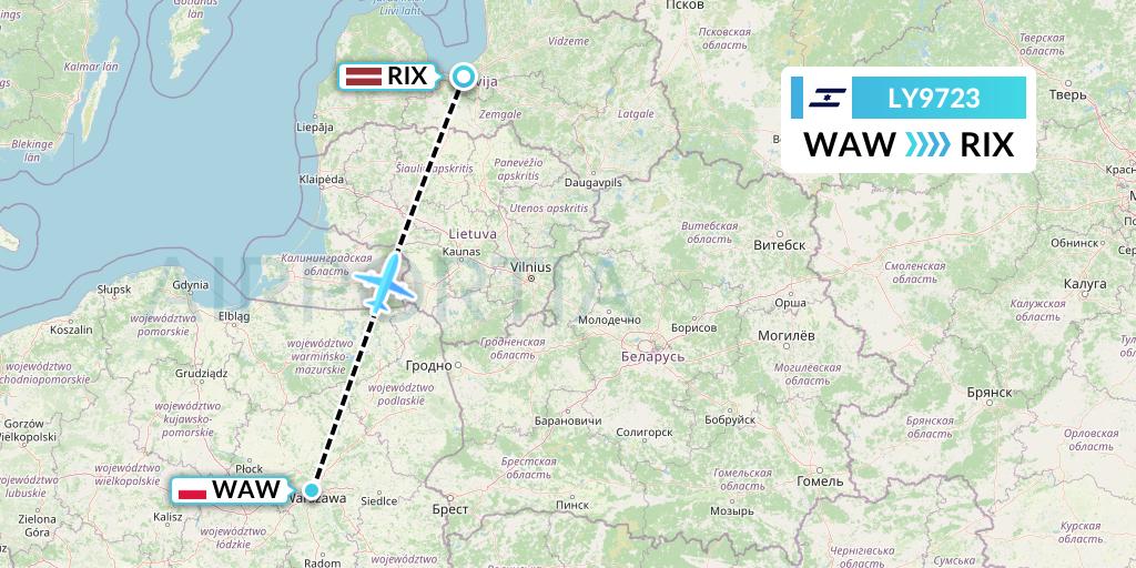LY9723 El Al Flight Map: Warsaw to Riga
