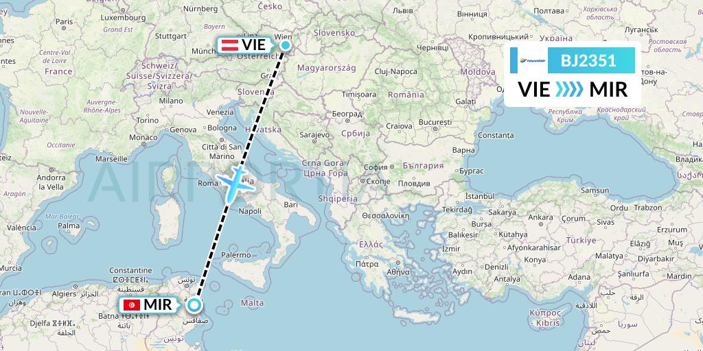 BJ2351 Nouvelair Tunisie Flight Map: Vienna to Monastir