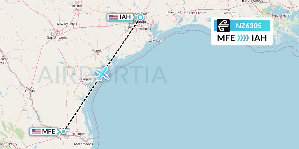 NZ6305 Air New Zealand Flight Map: McAllen to Houston
