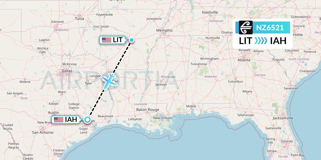 NZ6521 Air New Zealand Flight Map: Little Rock to Houston