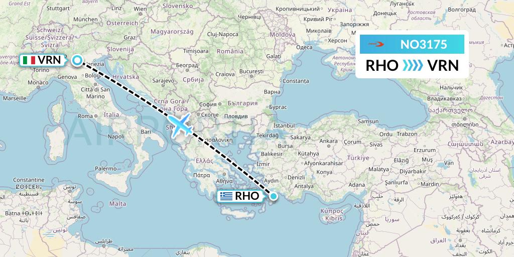 NO3175 Neos Flight Map: Rhodes to Verona