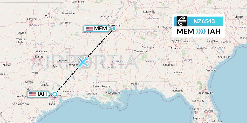 NZ6543 Air New Zealand Flight Map: Memphis to Houston