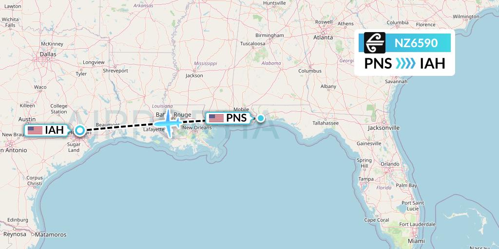 NZ6590 Air New Zealand Flight Map: Pensacola to Houston