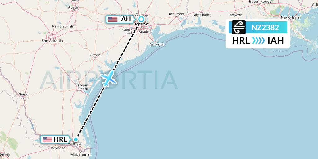 NZ2382 Air New Zealand Flight Map: Harlingen to Houston