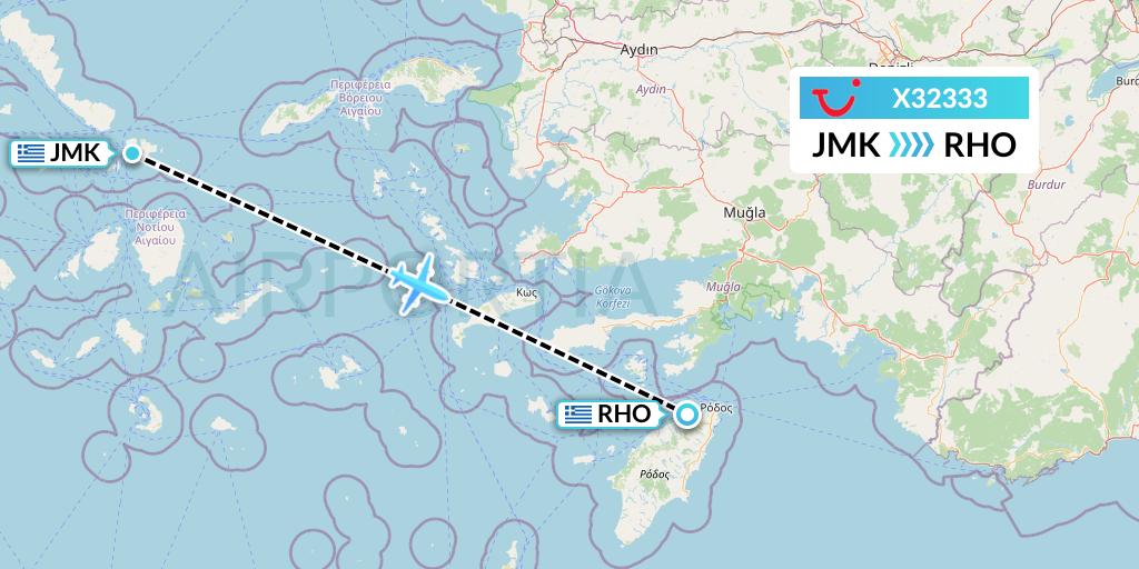 X32333 TUI fly Germany Flight Map: Mykonos to Rhodes