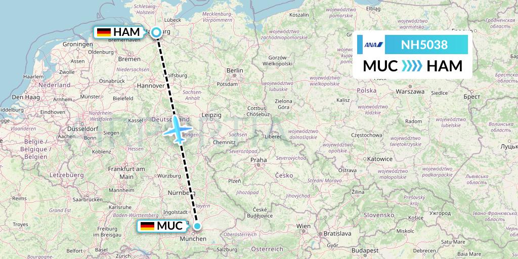 NH5038 All Nippon Airways Flight Map: Munich to Hamburg
