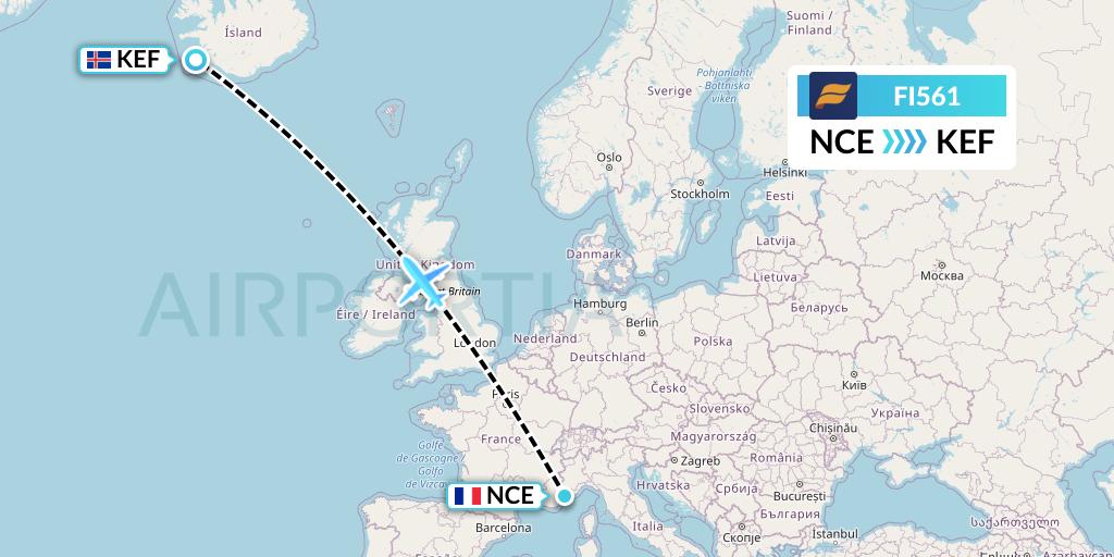 FI561 Icelandair Flight Map: Nice to Reykjavik