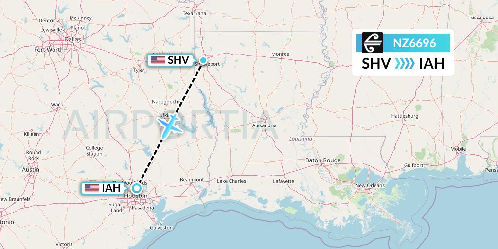 NZ6696 Air New Zealand Flight Map: Shreveport to Houston