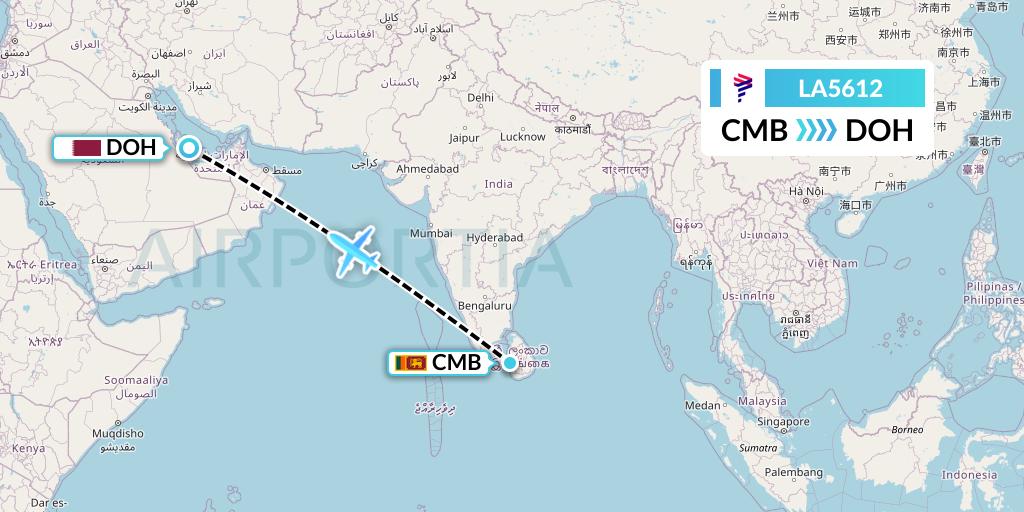 LA5612 LAN Airlines Flight Map: Colombo to Doha