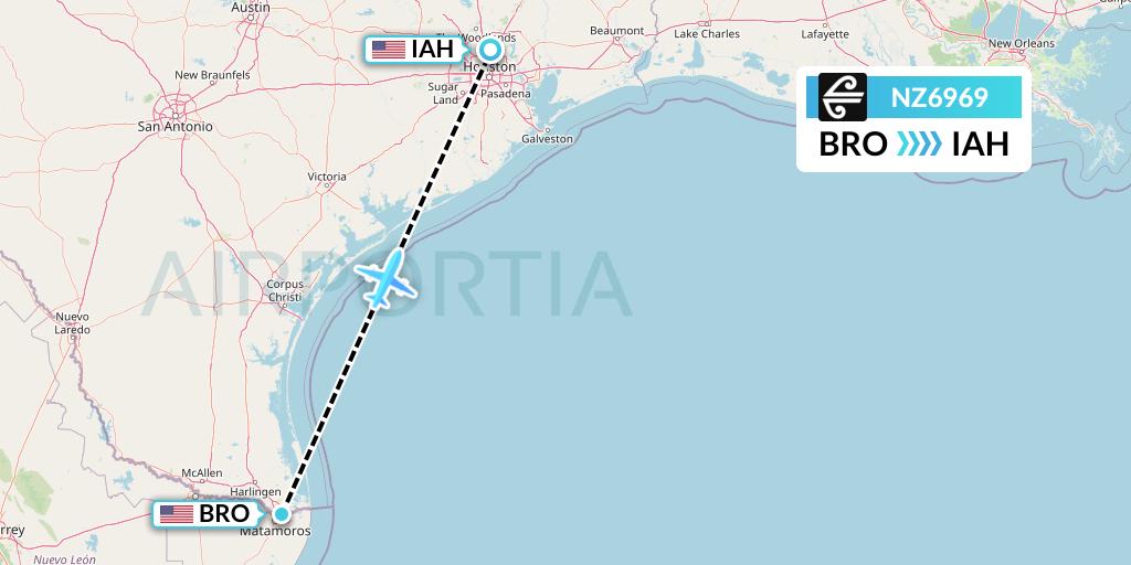 NZ6969 Air New Zealand Flight Map: Brownsville to Houston