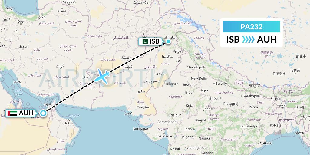 PA232 AirBlue Flight Map: Islamabad to Abu Dhabi