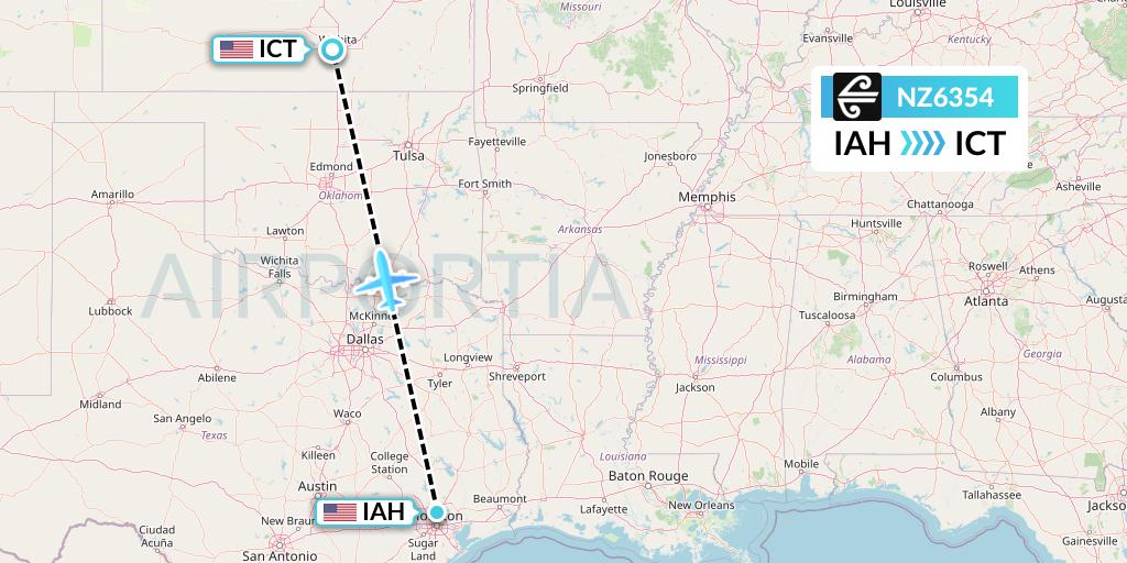 NZ6354 Air New Zealand Flight Map: Houston to Wichita