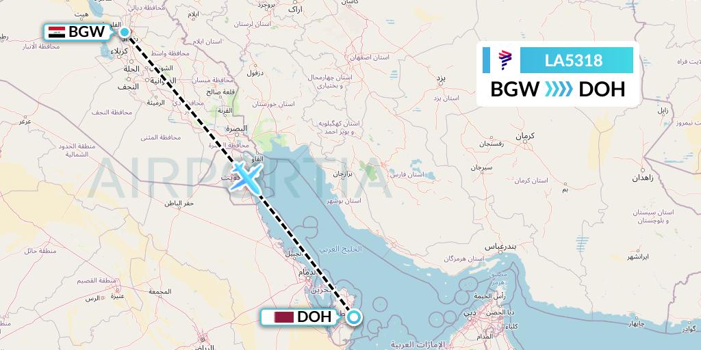 LA5318 LAN Airlines Flight Map: Baghdad to Doha