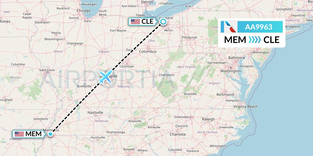 AA9963 American Airlines Flight Map: Memphis to Cleveland