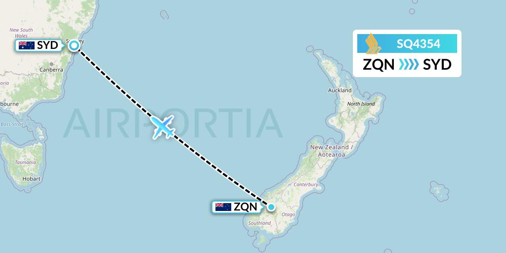 SQ4354 Singapore Airlines Flight Map: Queenstown to Sydney