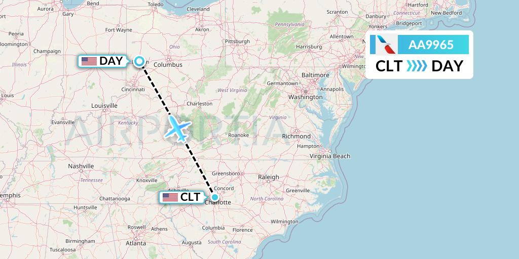 AA9965 American Airlines Flight Map: Charlotte to Dayton