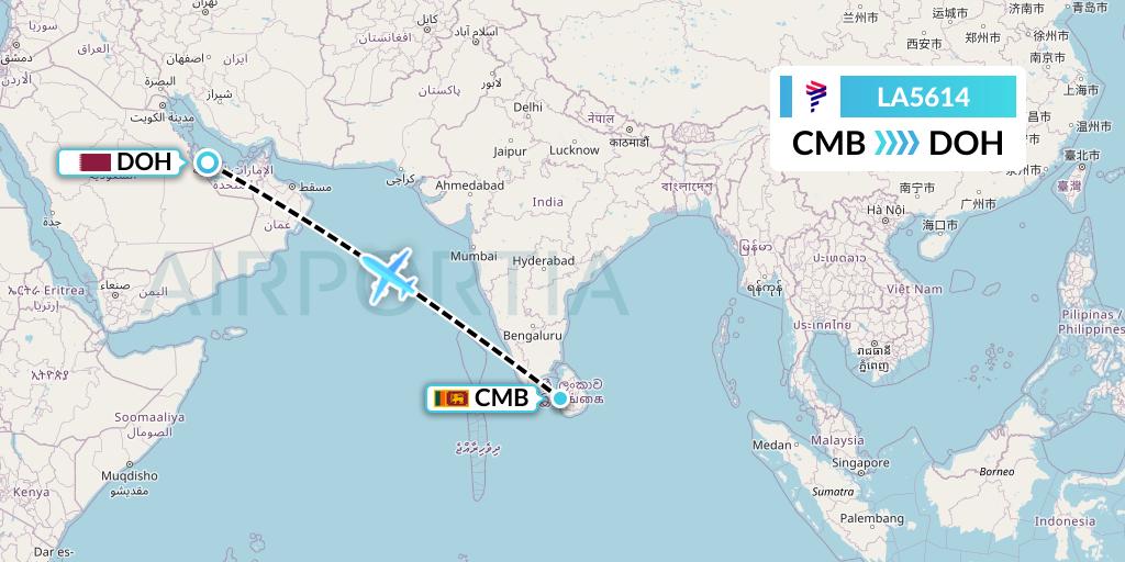 LA5614 LAN Airlines Flight Map: Colombo to Doha