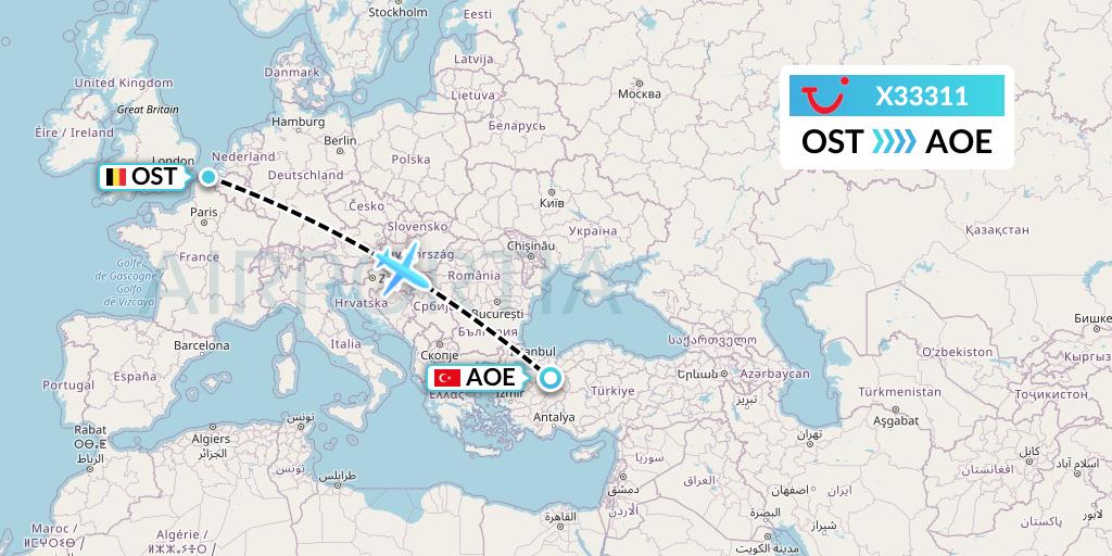 X33311 TUI fly Germany Flight Map: Ostend to Eskisehir