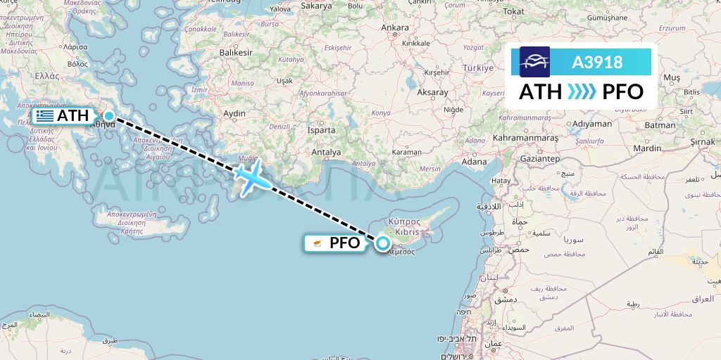 A3918 Aegean Airlines Flight Map: Athens to Pafos