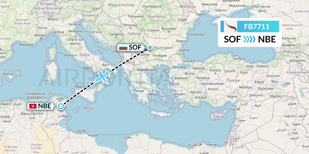 FB7711 Bulgaria Air Flight Map: Sofia to Enfidha