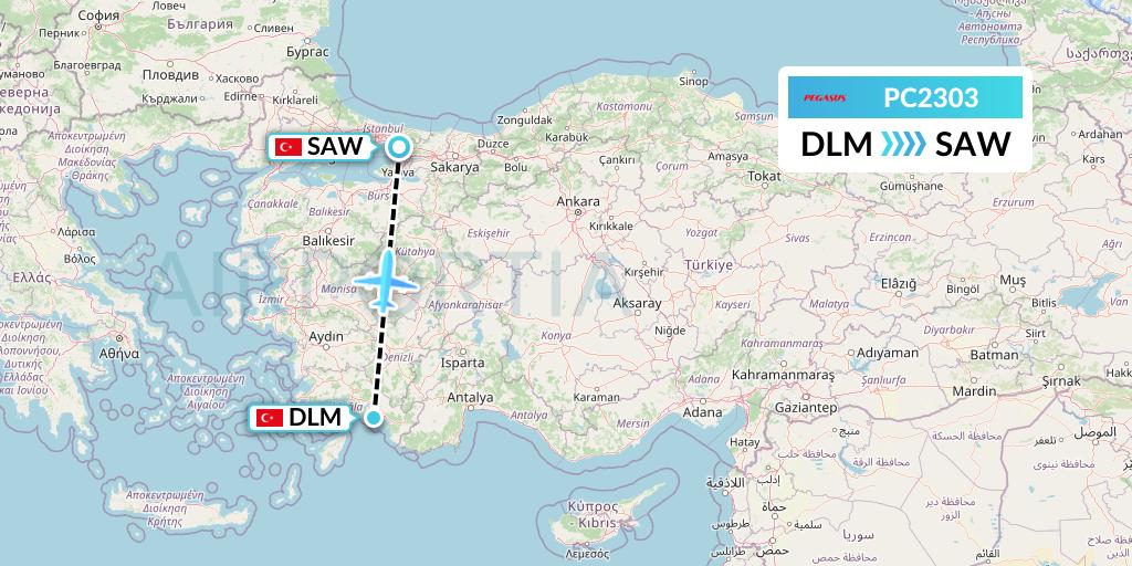PC2303 Pegasus Airlines Flight Map: Dalaman to Istanbul