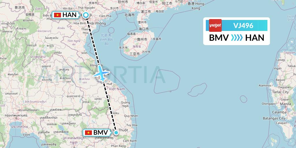 VJ496 VietJet Air Flight Map: Buon Ma Thuot to Hanoi