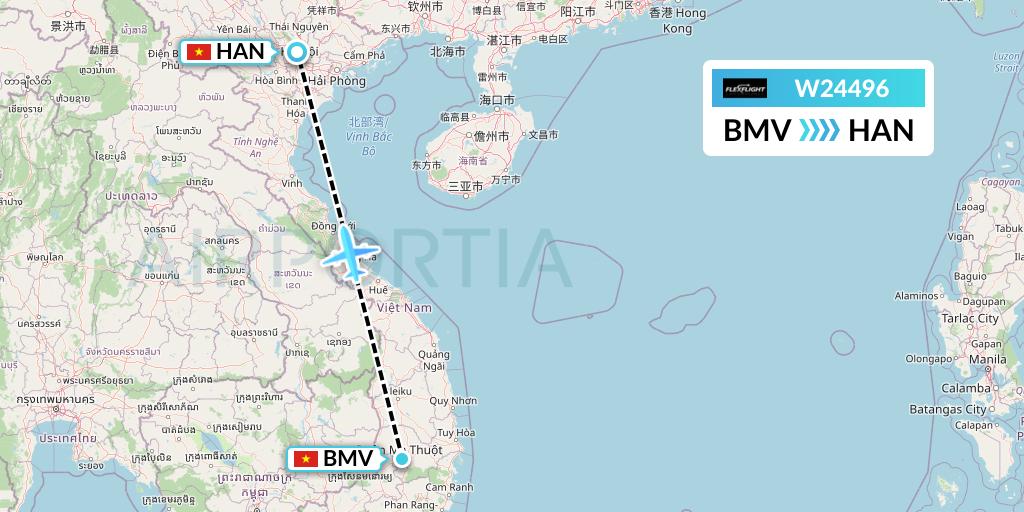 W24496 Flex Flight Flight Map: Buon Ma Thuot to Hanoi