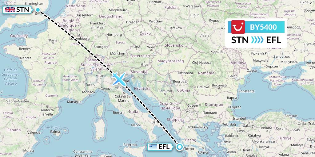 BY5400 TUI Airways Flight Map: London to Kefalonia