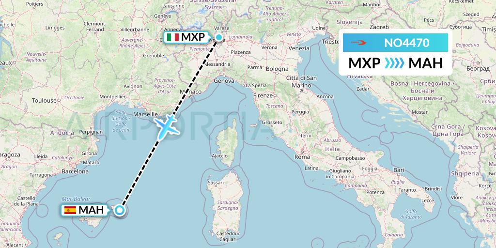 NO4470 Neos Flight Map: Milan to Mahon