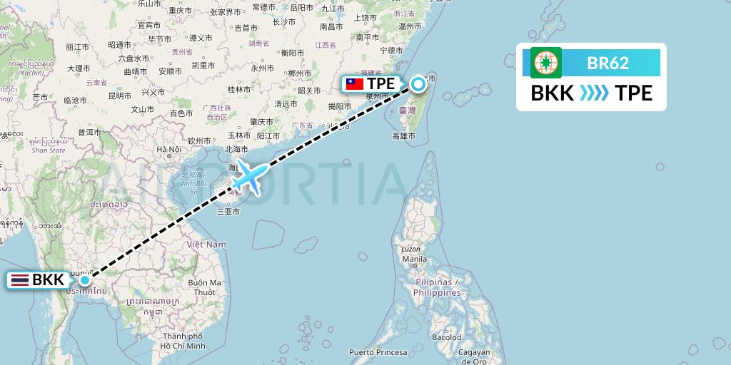 BR62 EVA Air Flight Map: Bangkok to Taipei