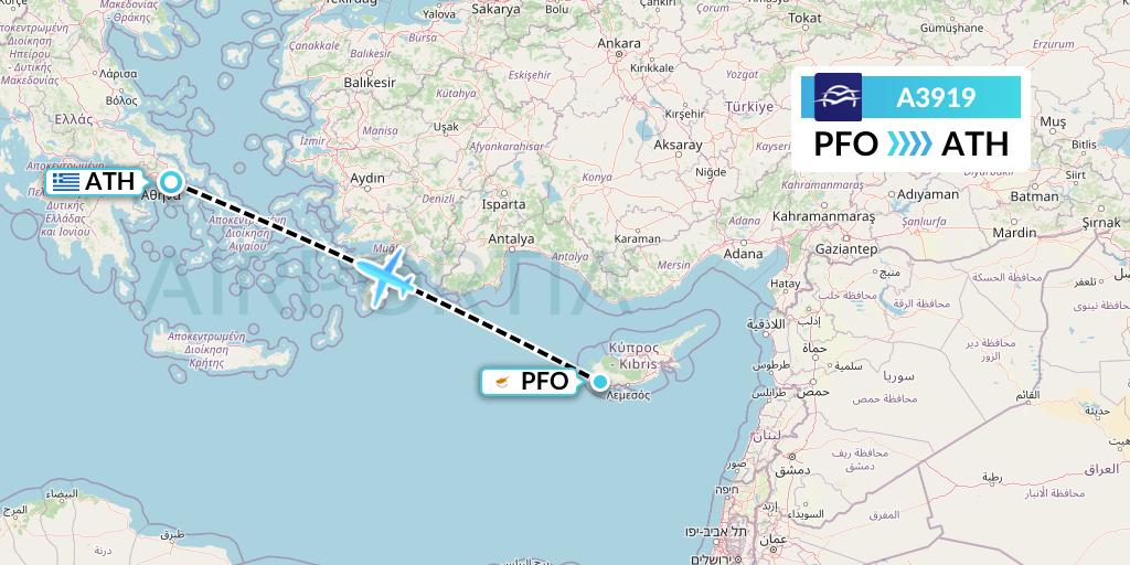 A3919 Aegean Airlines Flight Map: Pafos to Athens