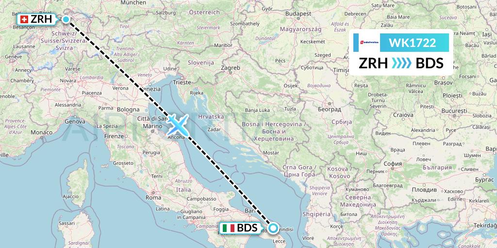 WK1722 Edelweiss Air Flight Map: Zurich to Brindisi