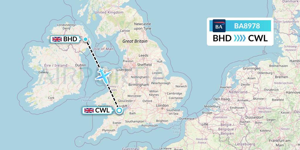 BA8978 British Airways Flight Map: Belfast to Cardiff