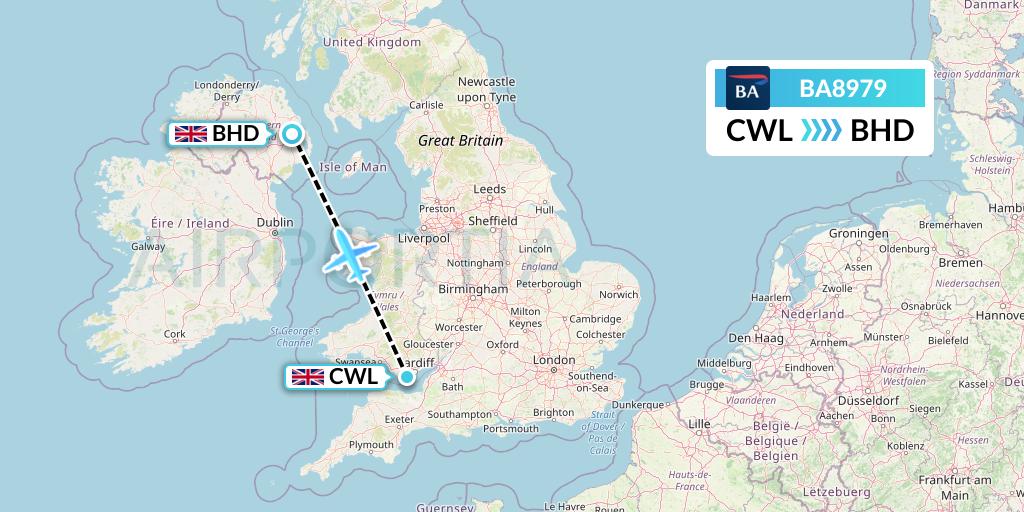 BA8979 British Airways Flight Map: Cardiff to Belfast