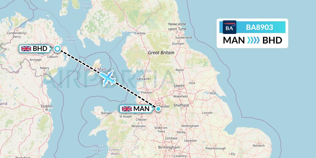 BA8903 British Airways Flight Map: Manchester to Belfast