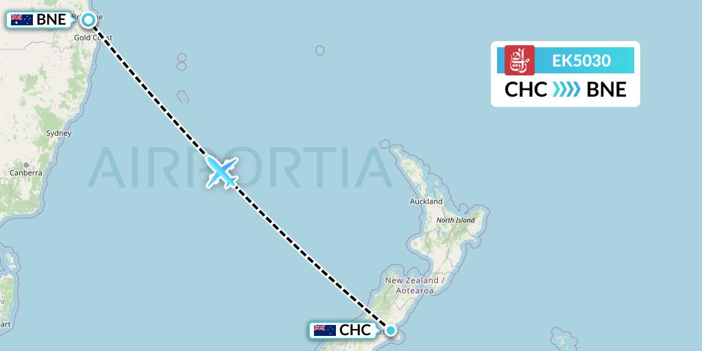 EK5030 Emirates Flight Map: Christchurch to Brisbane
