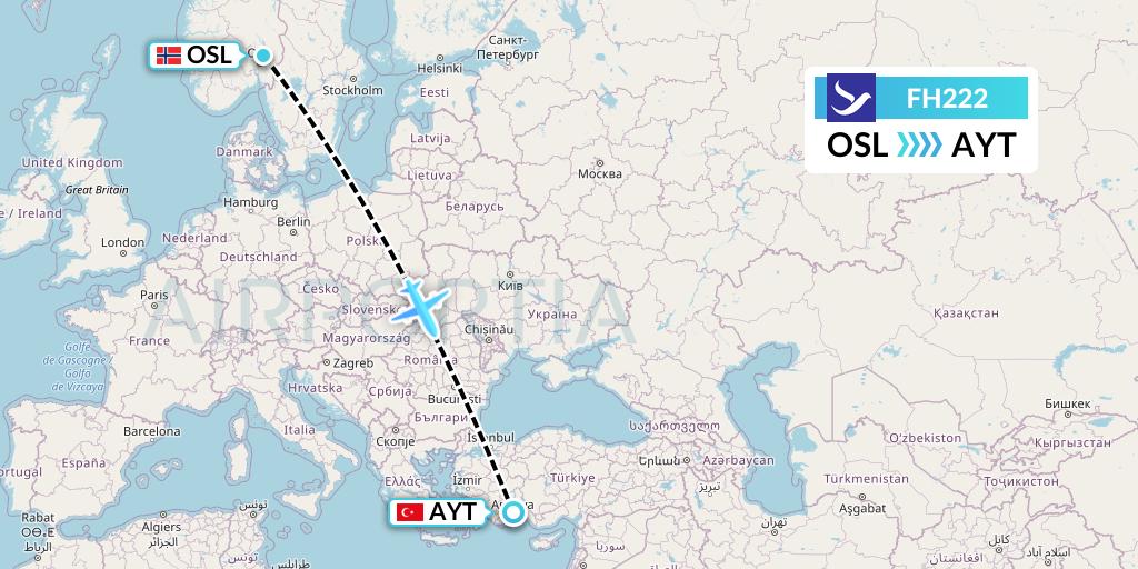 FH222 Freebird Airlines Flight Map: Oslo to Antalya