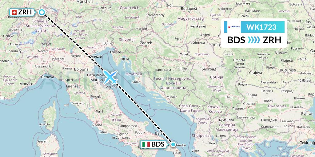 WK1723 Edelweiss Air Flight Map: Brindisi to Zurich