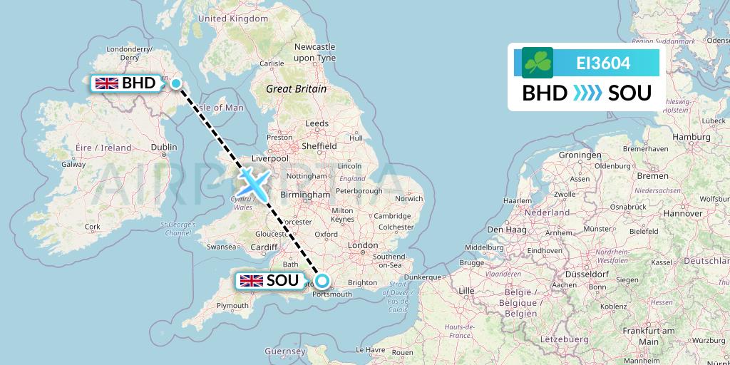 EI3604 Aer Lingus Flight Map: Belfast to Southampton