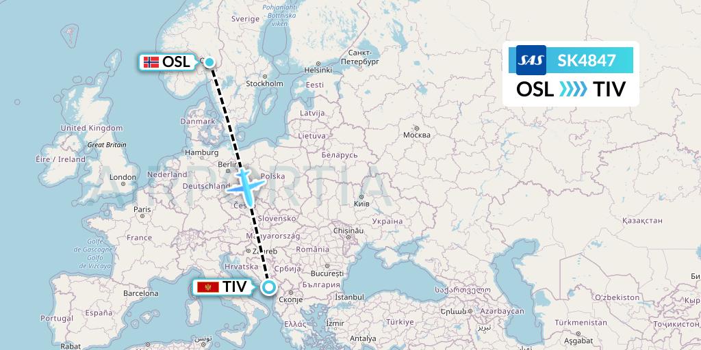 SK4847 SAS Flight Map: Oslo to Tivat