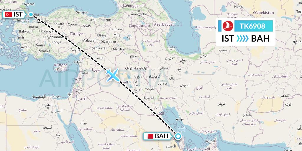 TK6908 Turkish Airlines Flight Map: Istanbul to Bahrain
