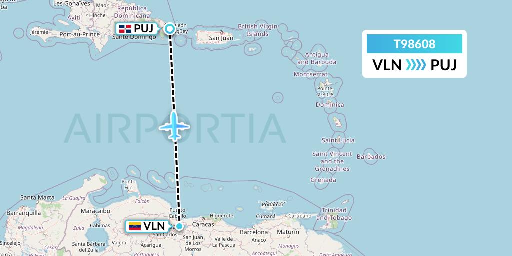 T98608 Turpial Airlines Flight Map: Valencia to Punta Cana