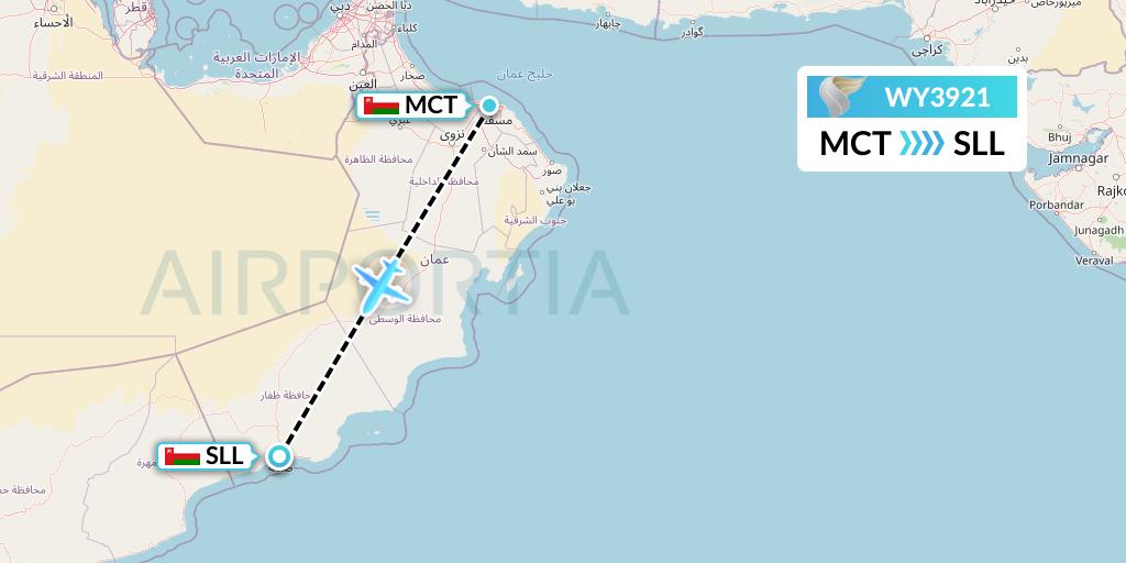 WY3921 Oman Air Flight Map: Muscat to Salalah