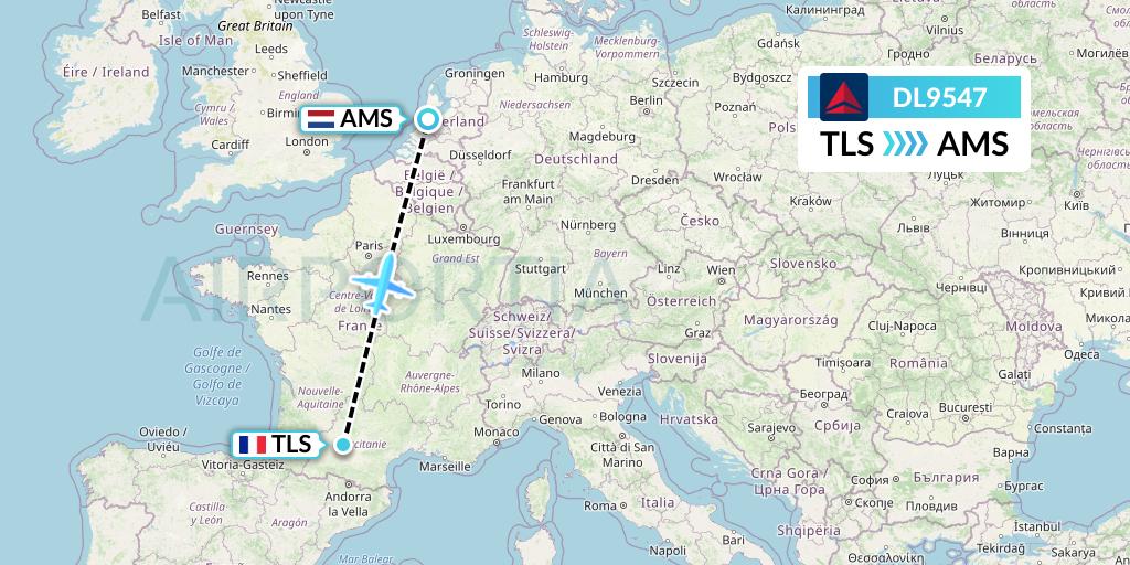 DL9547 Delta Air Lines Flight Map: Toulouse to Amsterdam