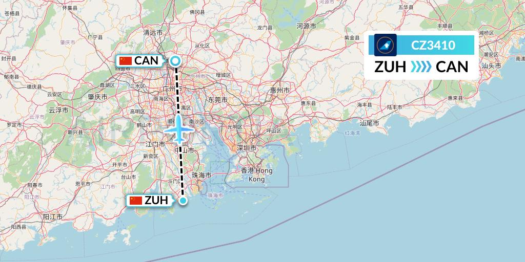 CZ3410 China Southern Airlines Flight Map: Zhuhai to Guangzhou