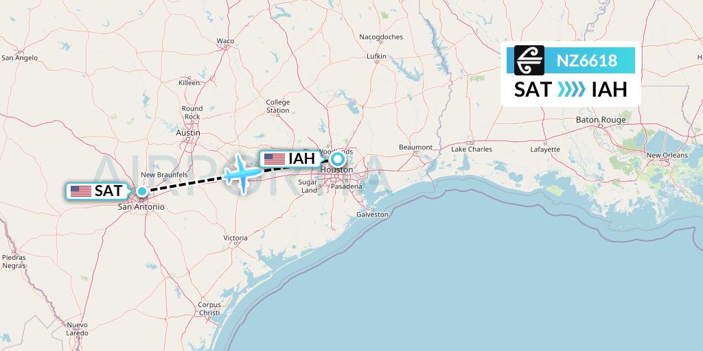 NZ6618 Air New Zealand Flight Map: San Antonio to Houston